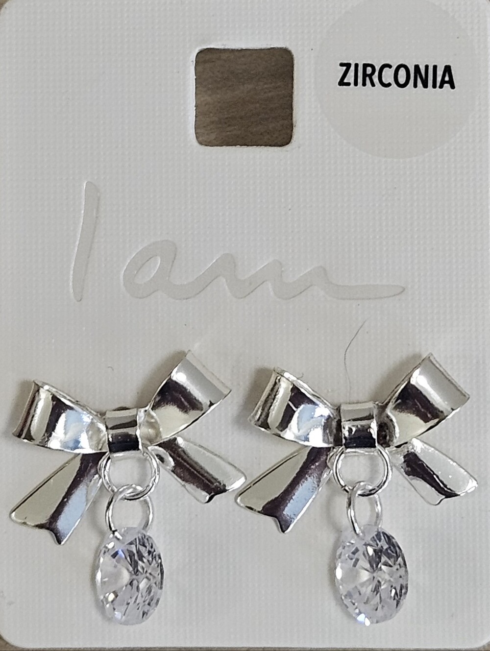 I AM CUBIC ZIRCONIA BOW DANGLE RIBBON TIE DANGLE SILVER TONE EARRINGS